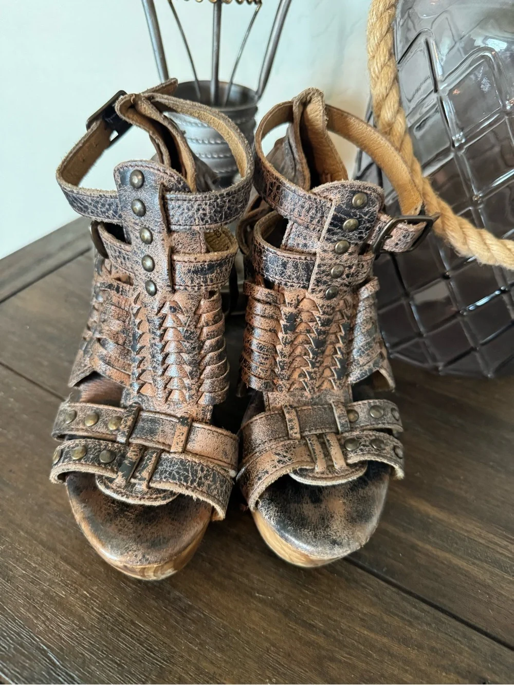 Bed Stu Brown Woven Leather Platform Sandals
